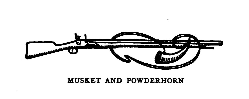 Drawing of a powder horn and its strap wrapped around a musket. The words "musket and powderhorn" are typed below the drawing.