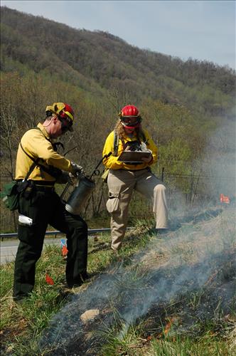 Prescribed fire activities near the Sandstone Visitor Center in New River Gorge National Park and Preserve in January 2007.