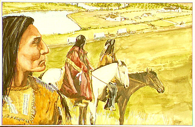 Cayuse Indians on top of bluff watching wagon train below.