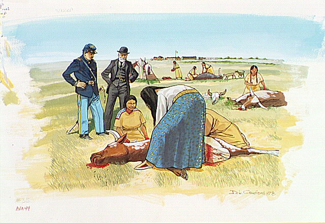 Indian women butchering cattle under the watchful eyes of a soldier and an older civilian man.