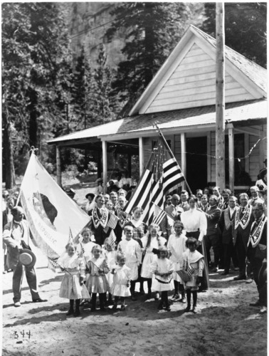 Early day school house in Yosemite Valley. Copied from old photos. See also YM-19,378. Photographer:Julius Theodore Boysen (?). possibly copied by Ralph H. Anderson