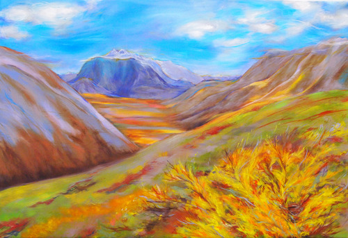 large oil painting using bright colors of mountains and tundra