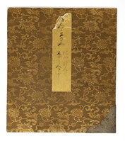 Album's front cover decorated with golden plant elements in brown textile, a label with a calligraphic inscription, and a metal corner protector.