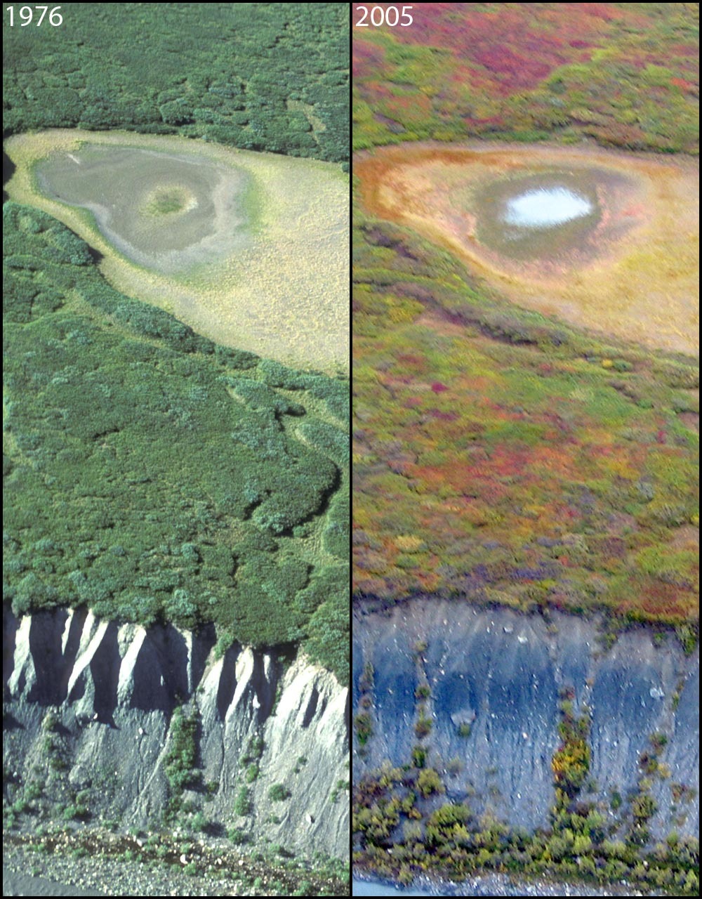 A photo pair showing Shrinking Ponds at Eielson Visitor Center: 1976-2005