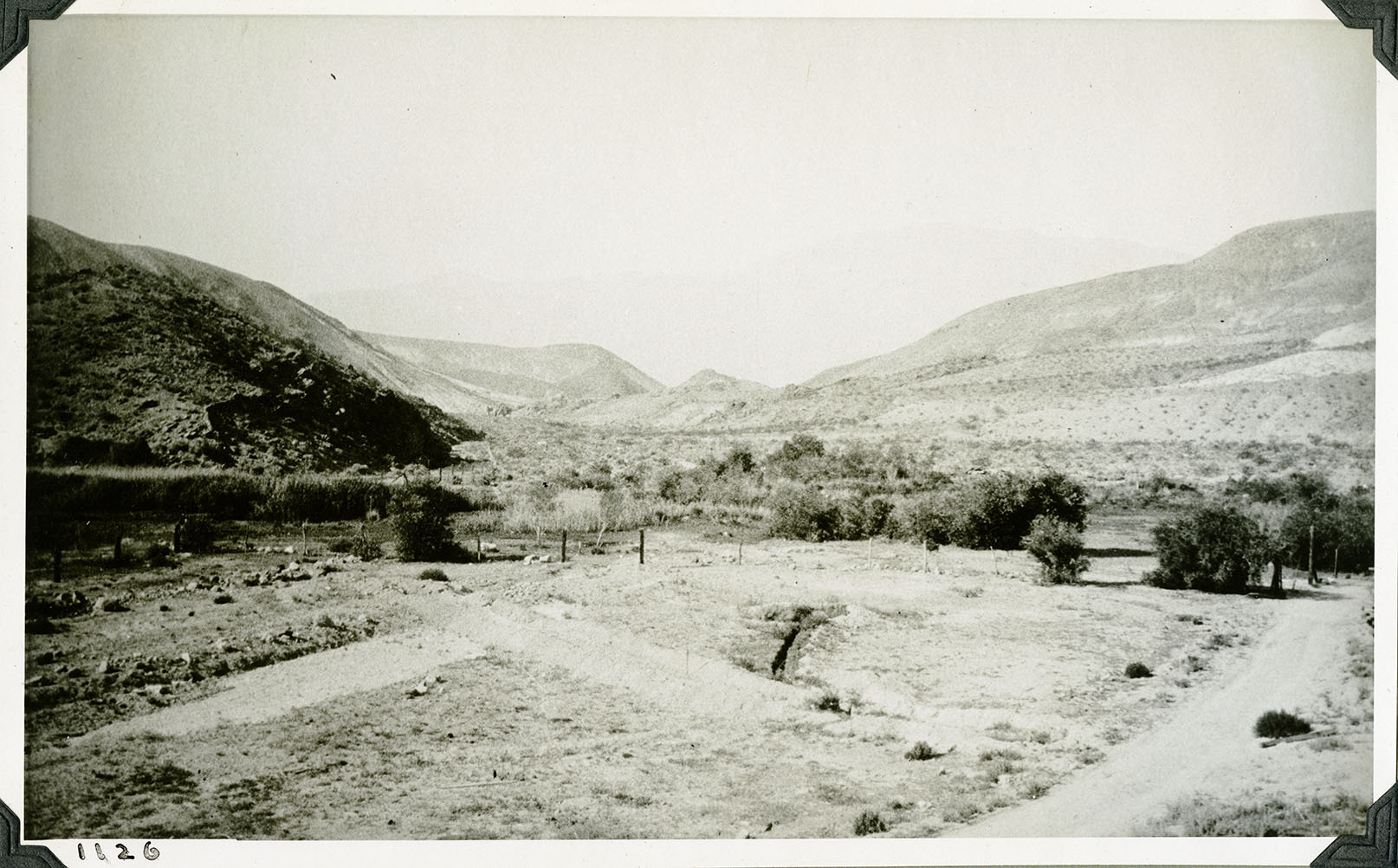 This is an historic black and white photograph from the Scotty's Castle Historic Photograph Collection, Death Valley National Park of desert area modified with trees, fence lines, and roads. Dirt road on lower, right corner. An area of cleared ground forms a cross and a short trench in center of image. A short trench. Wood post and wire fence stretched across center. Heavy vegetation at base of hillside. Some planted trees in middle-ground. Barren desert landscape in background. Number in black ink in lower left corner.