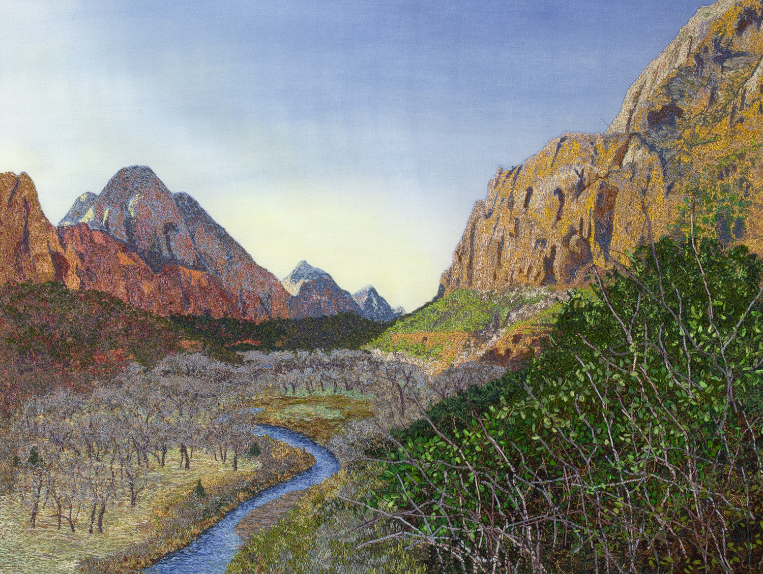 An image created using colored thread and fabric. A blue river flows down a large canyon. The wide floodplain covers the floor of the canyon, covered in trees, shrubs, and grasses. At the edge of the floodplain, the landscape slopes upward, covered in lush green plants. The hills give way to tall sandstone cliffs, which form the walls of the canyon. Above it all, a yellow-and-blue sky is bright with the morning sun.