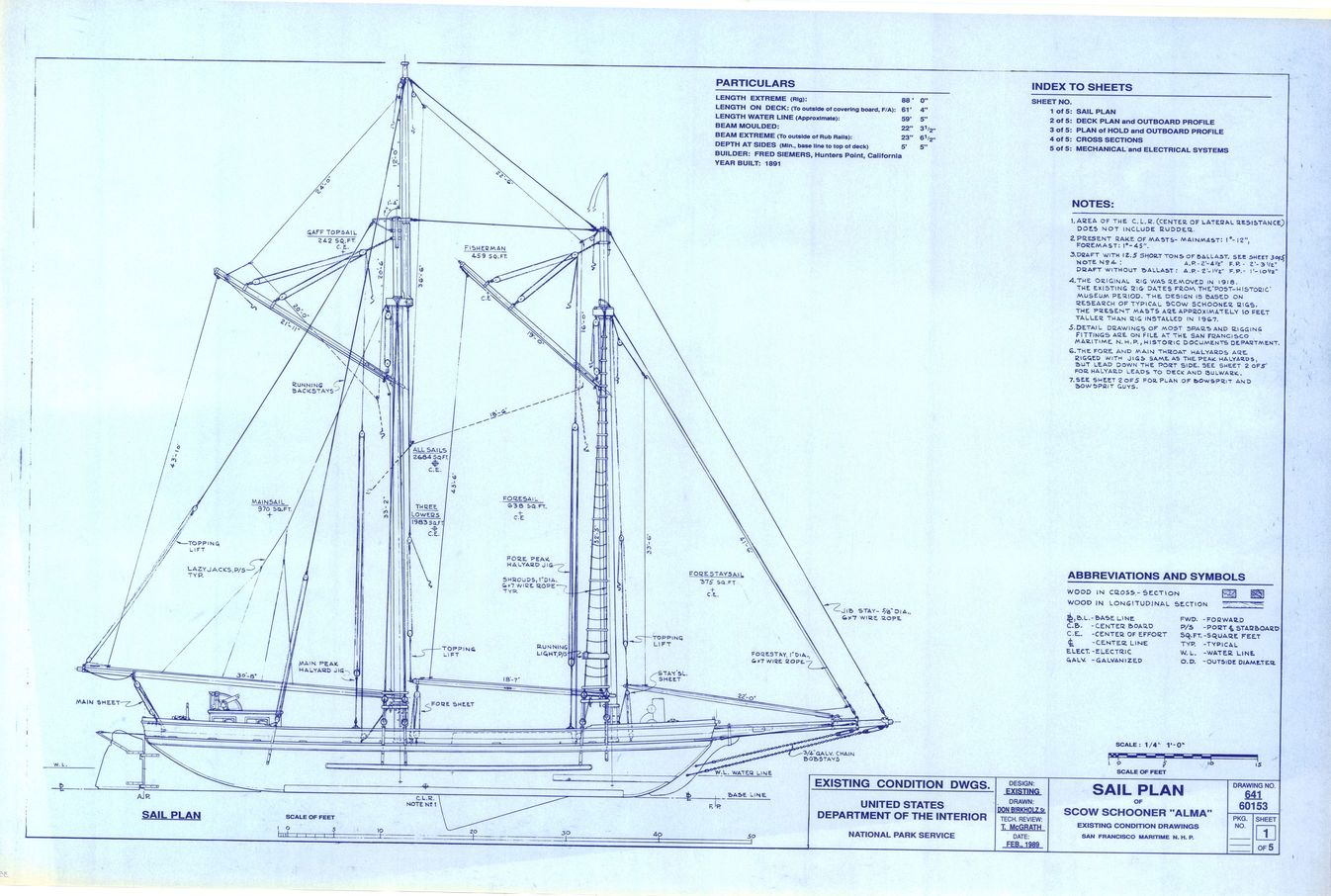 Scow schooner Alma : plan package : includes 4 original drawings produced by Tri-Coastal Marine, Inc., and one drawing of lines and offsetts by Bill Doll ; sponsored by the National Maritime Museum Association