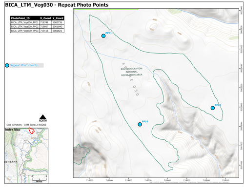 Map of repeat photo point locations for one of fifteen areas where long-term monitoring of sage-steppe vegetation occurs starting in 2011 in Bighorn Canyon National Recreation Area.