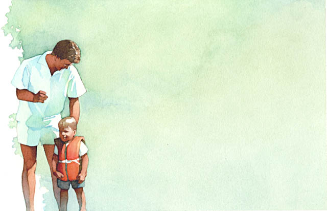 Man and small boy. Image suggests wading in the shallows. Small boy is shown wearing a lifejacket (PFD).