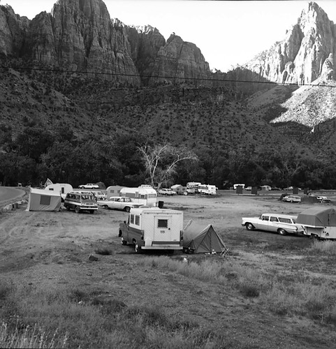 Camper use of overflow area, South Campground, west of Virgin River and north of South Campground.