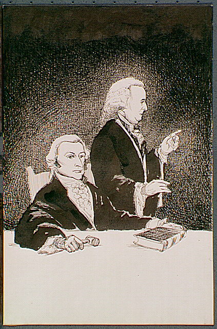 United States Supreme Court Chief Justice John Jay seated beside of Associate Justice John Rutledge (standing).