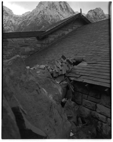 BW photo of rock slide in the maintenance yard.