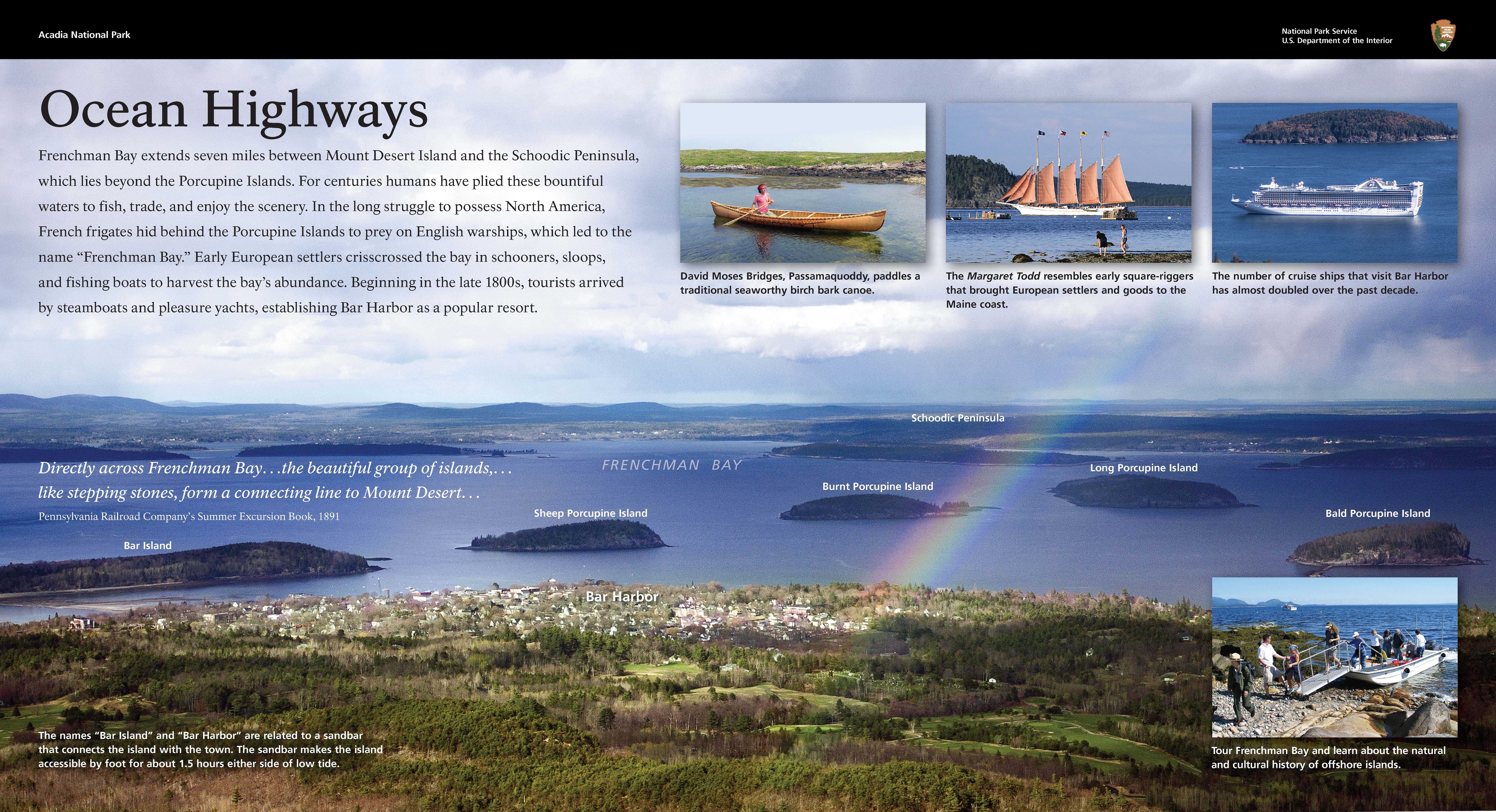 Title: Ocean Highways; Background image from overlook over bay with islands and rainbow; Islands are named; a series of images is presented of boats through the ages