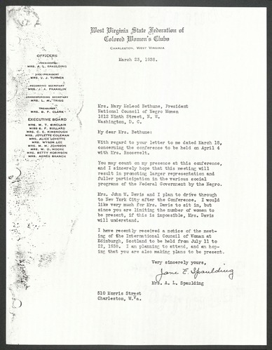Correspondence between Mary McLeod Bethune and Jane E Spaulding, March 23, 1938