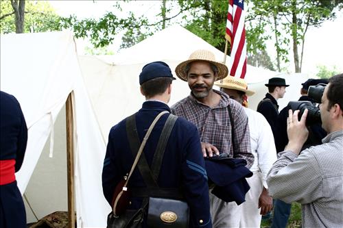 Civil War interpreters of  men training to join the U.S. Colored Troops at Stones River National Battlefield, April 2004