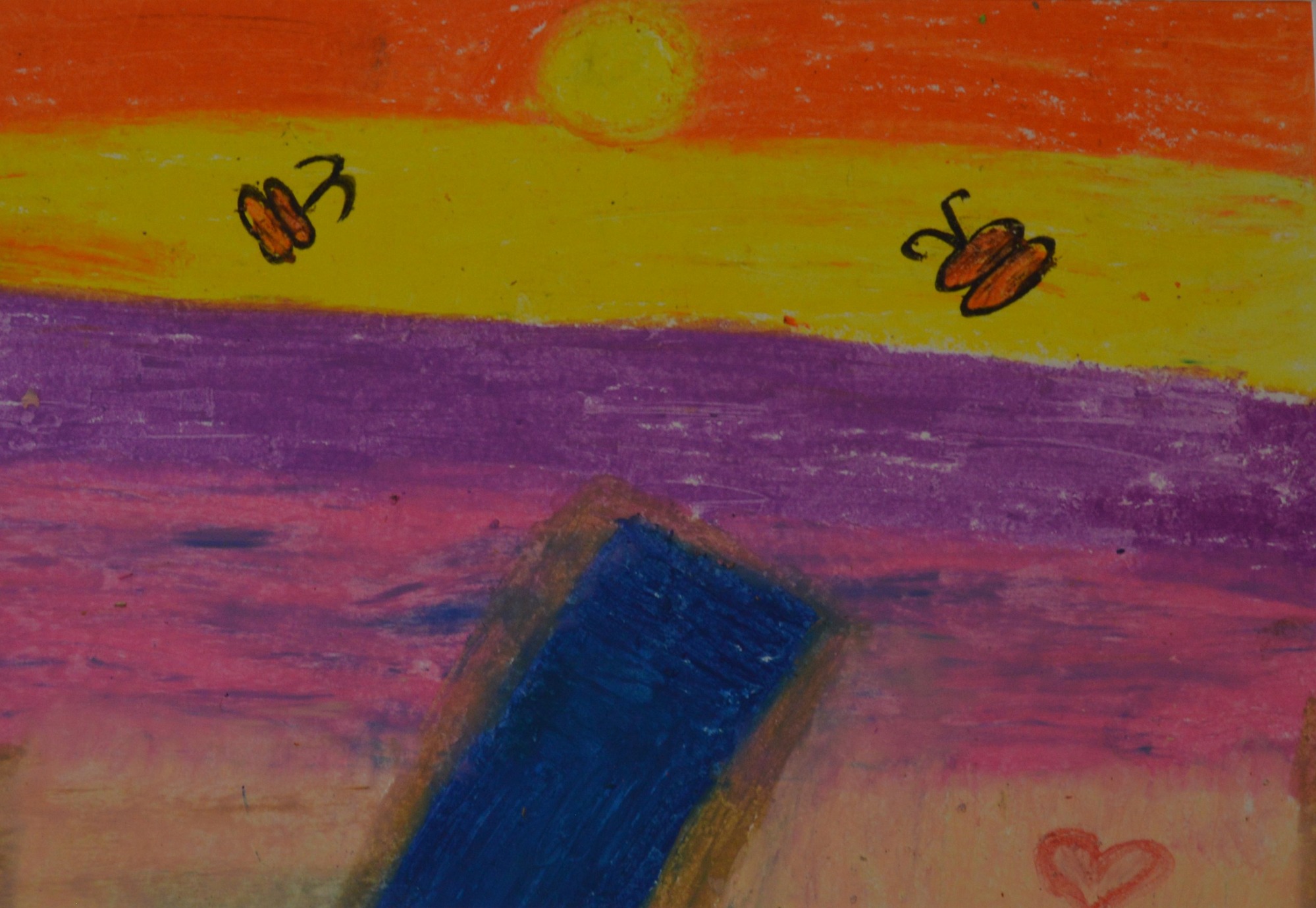 A drawing of the river with butterflies above it