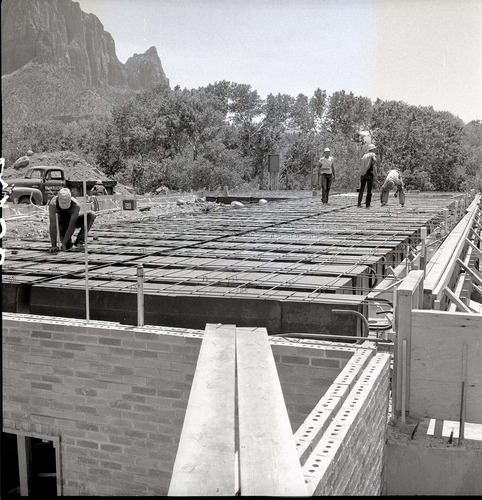 Laying the steel over the pans for the concrete floor of the first floor at the new Mission 66 Visitor Center and Museum.