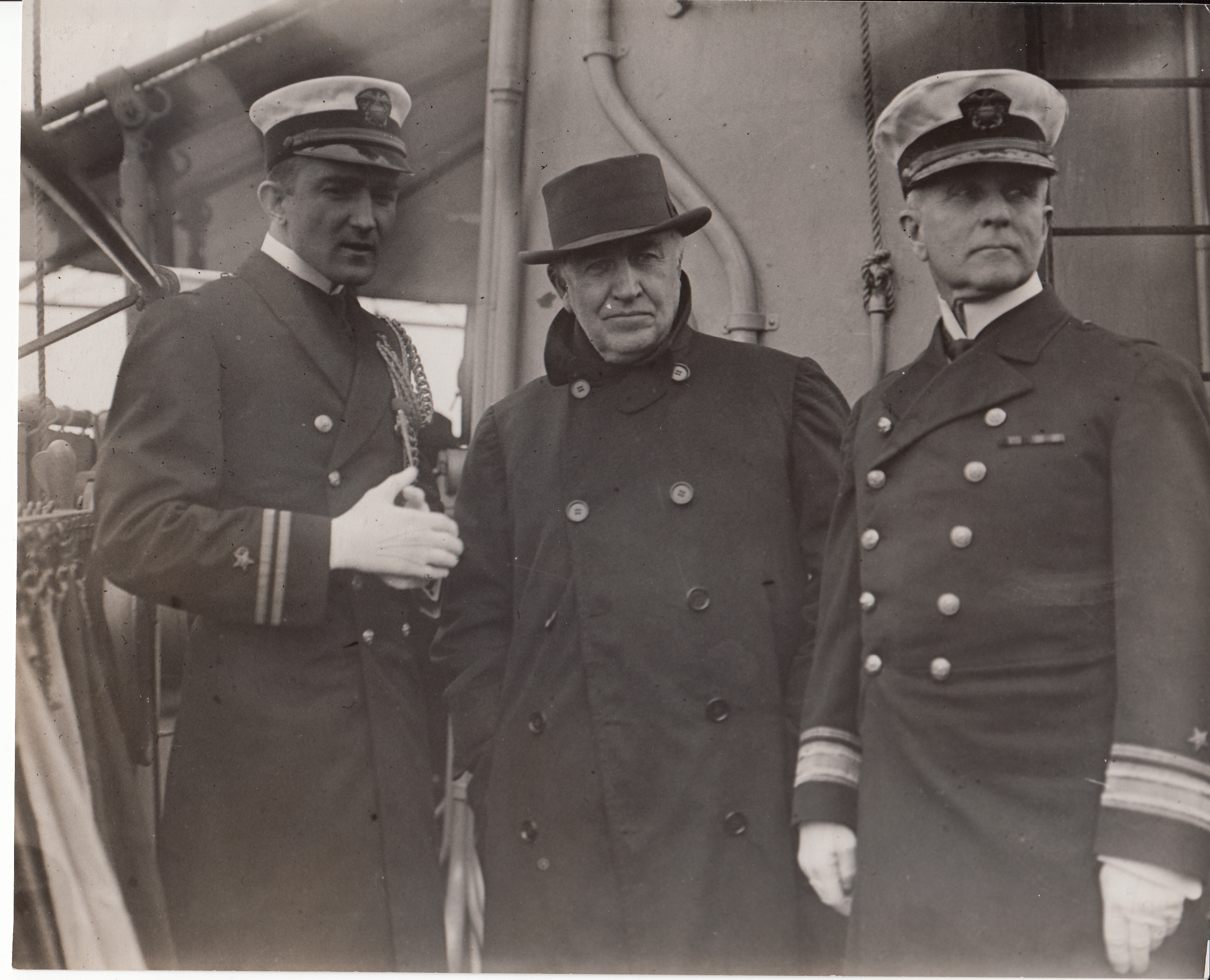 Thomas Edison, Rear Admiral William Freeland Fullam, right, and unidentified officer, left, aboard the U.S.S. Oregon.