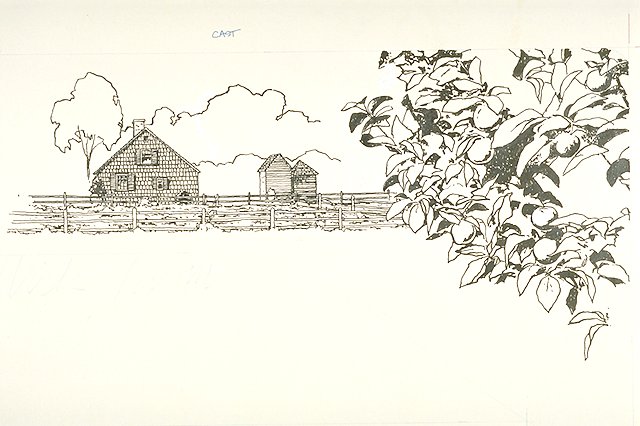 Close-up of a bough of laden with apples with a view of the Wick Farm in the distance.