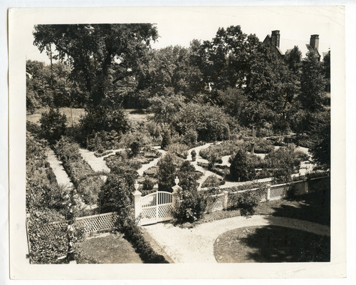 Black and white photograph of formal garden taken from overhead.