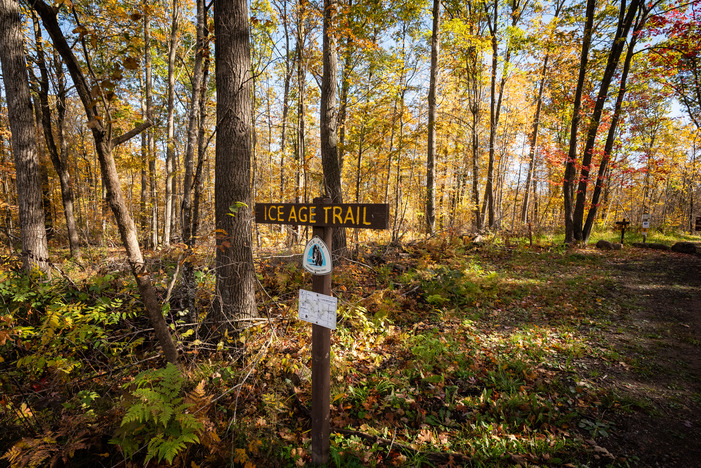 Photograph of “Ice Age Trail” sign surrounded by a forest with autumn foliage. 