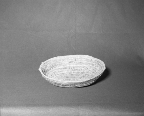 Mrs. Donald Segerstrom Collection. Object: Shivwits or Moapa Paiute or Ute (?). Dimensions: 13 x 15 1/2 x 3 1/2". Materials: willow, devil's claw. Technology: three and four rod foundation, rods stacked vertically, fag ends and moving ends bound under, formerly had handles which are now missing, leftward coil direction. Collection History: ---. Photographed by Michael Dixon, 1/83. Catalogued by Craig Bates and Barbara Beroza. Yosemite Collections, National Park Service.