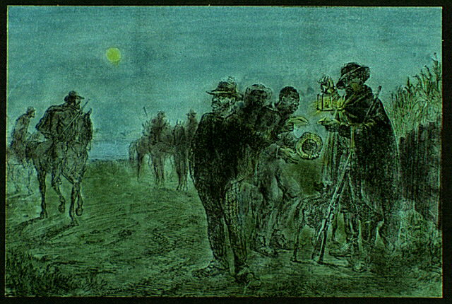 Guards checking passes of slaves found off the plantation after curfew.