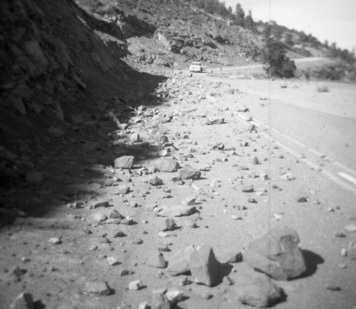 BW photos of rock slides in Kolob Canyons - 110mm. Rock slide on roadway.