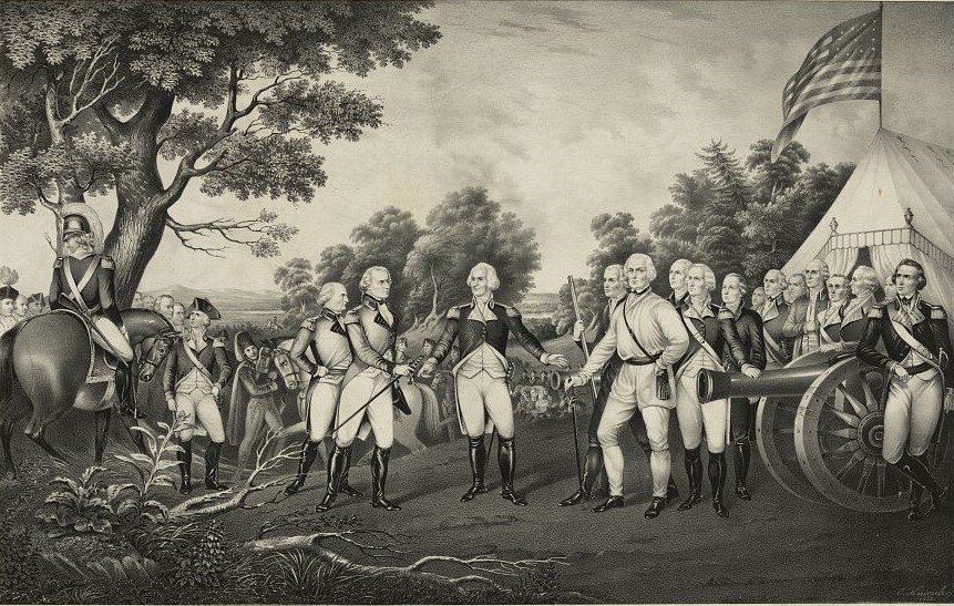 Black and white drawing of soldiers in uniform standing, with one on horseback. A cannon and a tent with American flag are on the right. Trees are in the background.