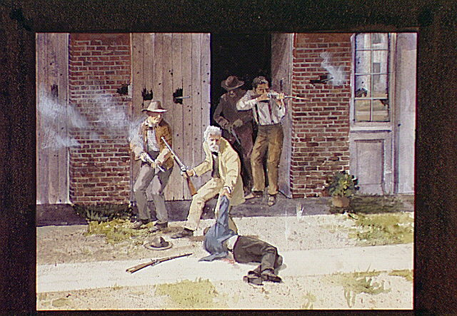 John Brown pulling a wounded or dead raider into the Armory's Fire Enginehouse while other raiders return fire from the building's doorway.