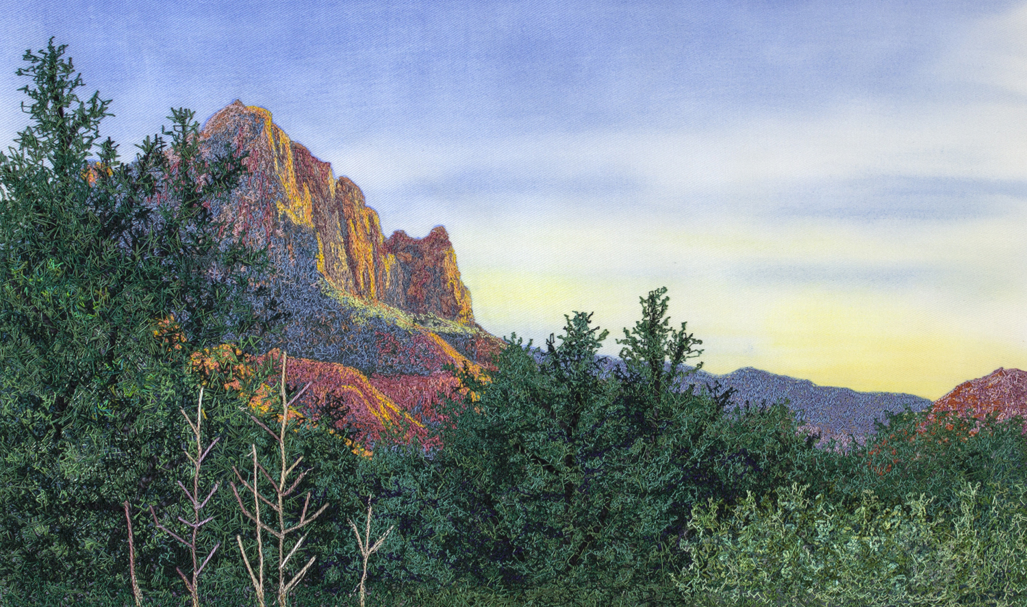 An image created using colored thread on fabric. A view looking over the top of evergreen trees in Zion Canyon. In the background, sandstone cliffs and distant hills can be seen.