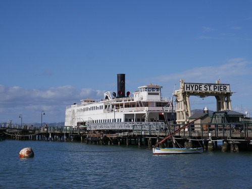 the steamboat ferry Eureka is docked to Hyde Street Pier.