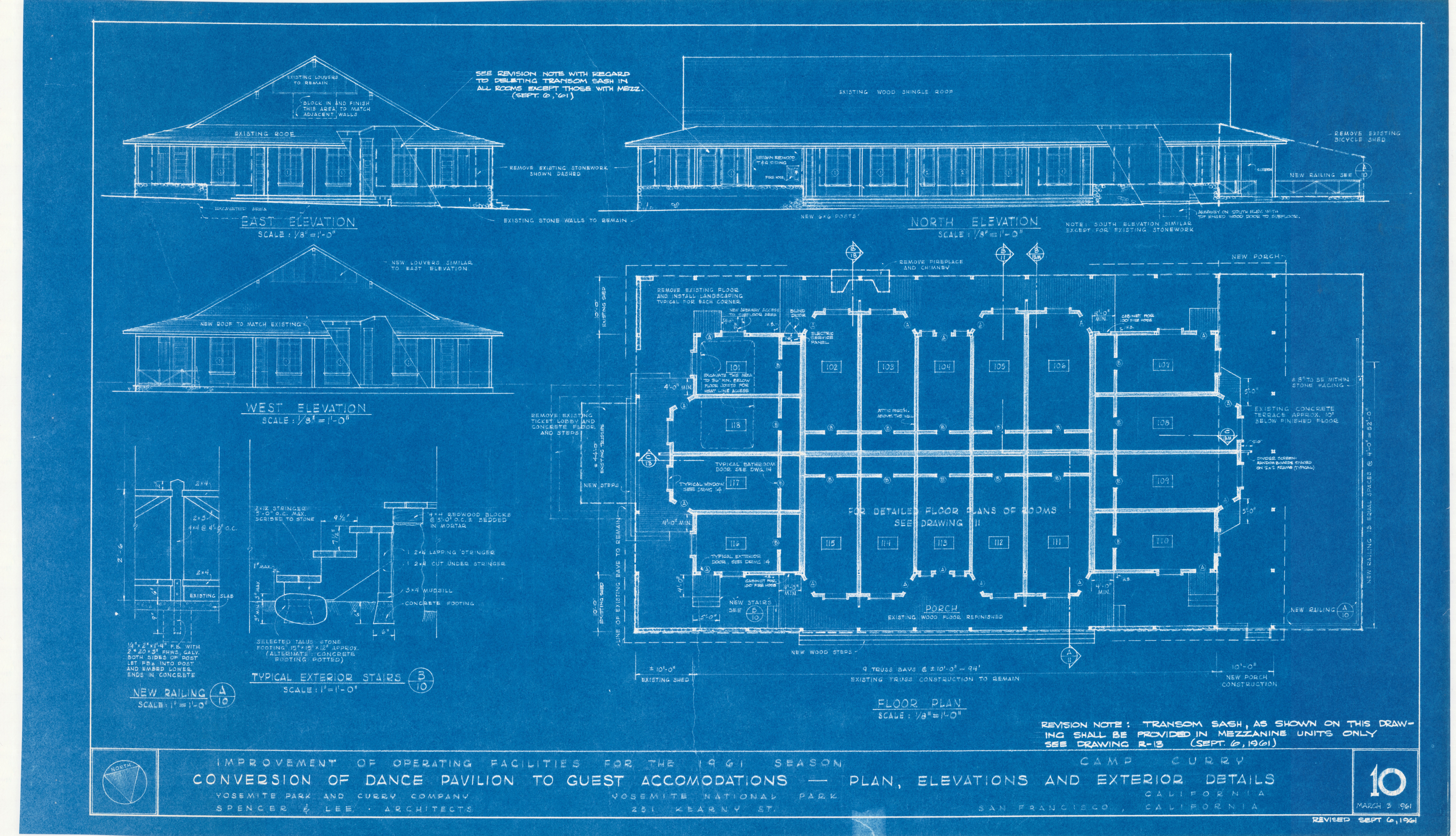 Improvement of Operating Facilities for the 1961 Season, Camp Curry - Conversion of Dance Pavilion to Guest Accommodations - Plan, Elevations and Exterior Details