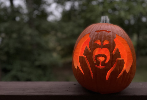 Jack o' lantern with a carved on it