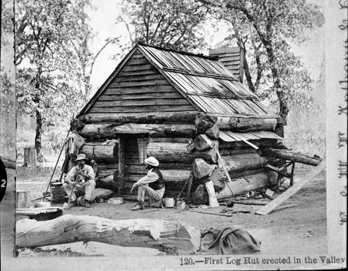 Copy Neg: July 1985 by Michael Dixon. Detail of L. Smaus stereo (RL-16,500). Captioned: "Lamon's log cabin, the first erected in the valley."