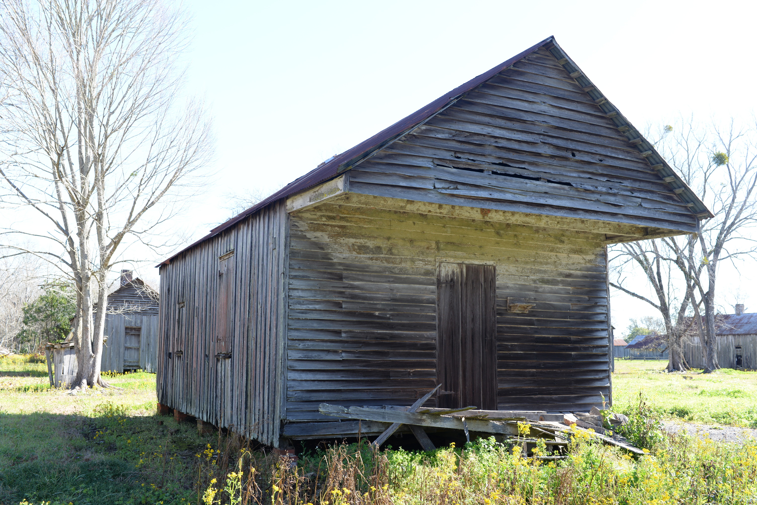 Wooden structure with metal roofing.