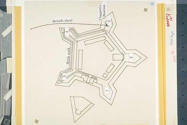 Small diagram of the star fort showing the location of the bastions and the trajectory of the shell that hit Fort McHenry's Bastion No. 3 (with type overlay).