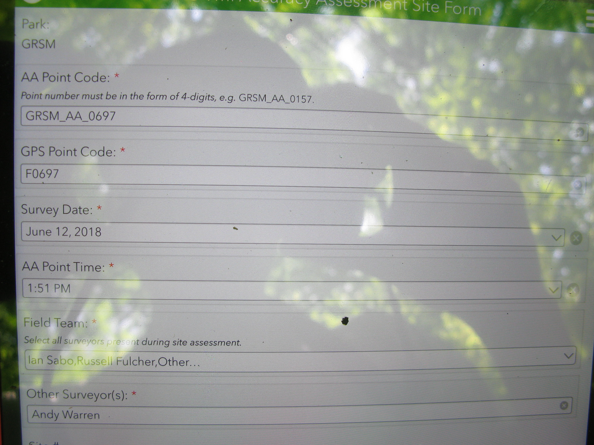 GRSM Accuracy Assessment. Plot Code: GRSM_AA_0697_1