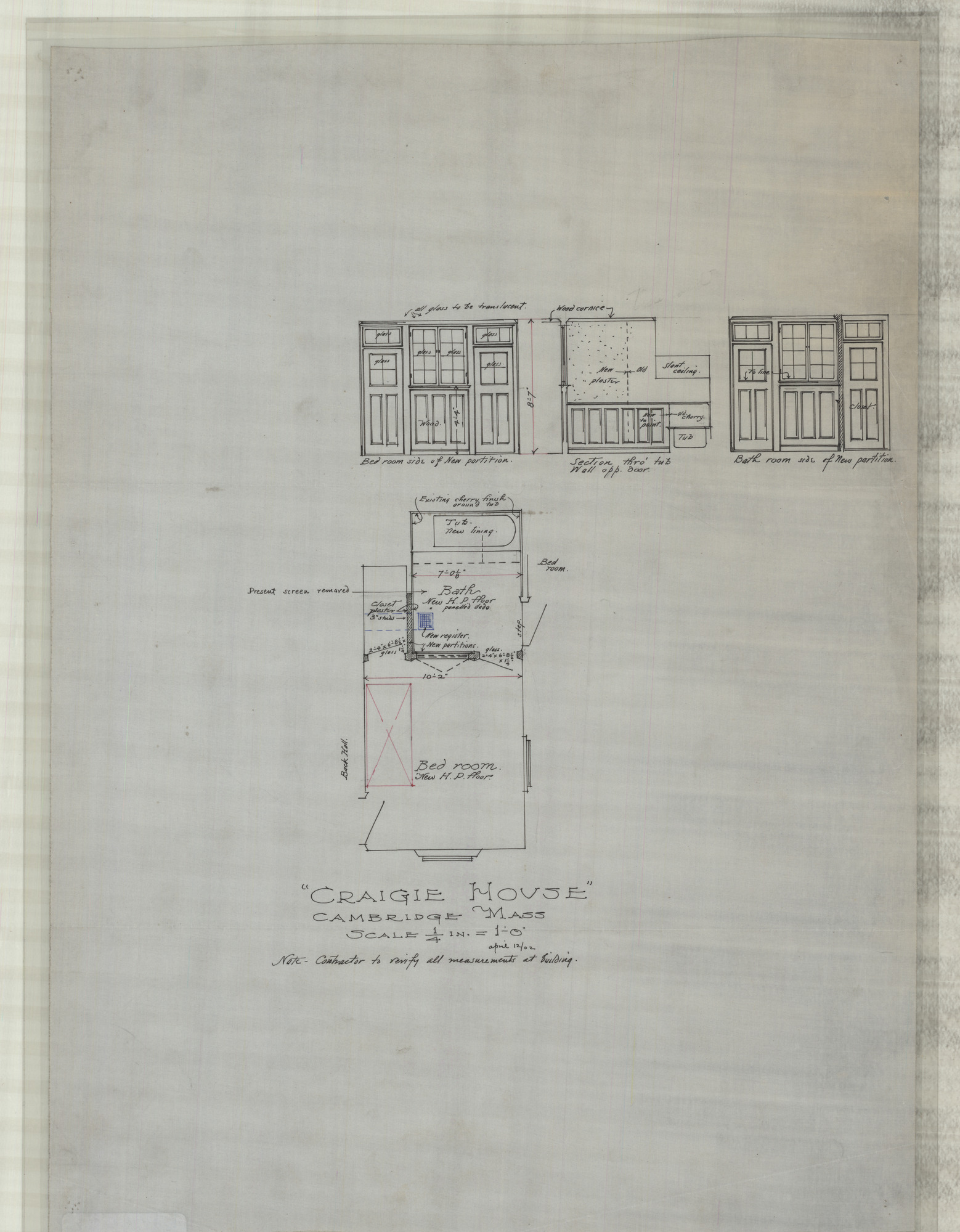 Drawing representing the bedroom and bathroom's plan, partitions, and a section with interior details