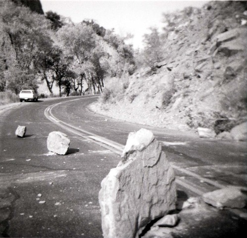 BW photo of rock slide near Echo Rock - 2.5" x 2.5".