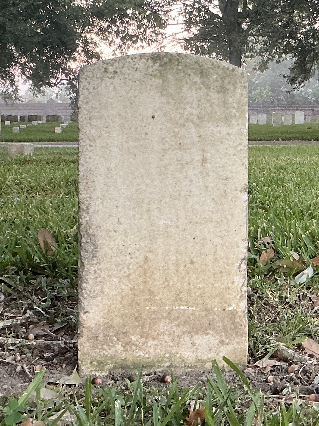 Back of historic upright marble headstone with recessed shield face.