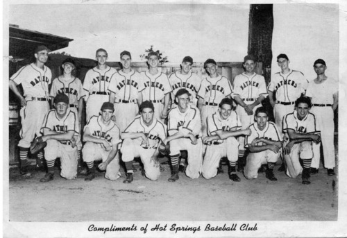 Team photo of the Hot Springs Bathers baseball team, signed by players on back. 1948