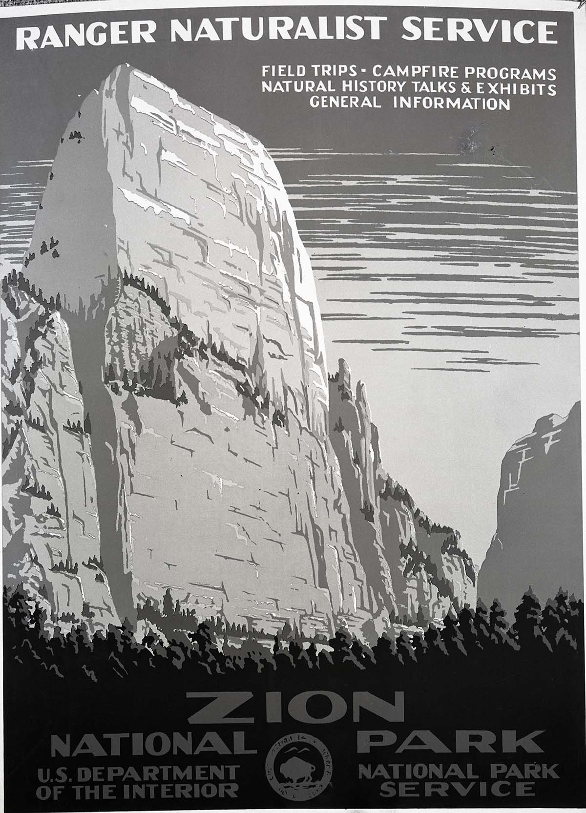 Ranger Naturalist Service (Works Progress Administration) silk screen poster of Great White Throne advertising Zion National Park.