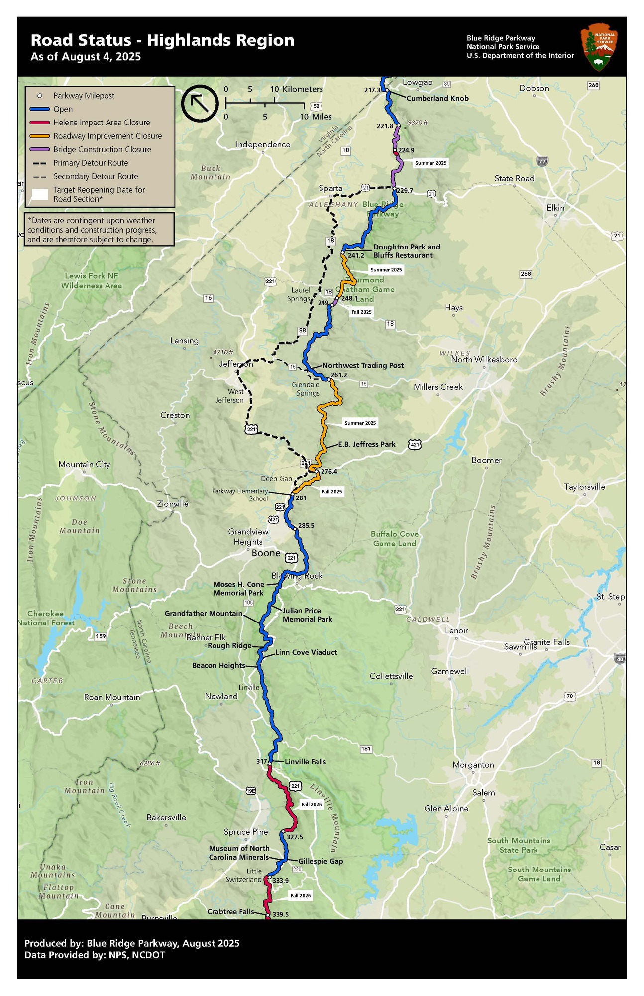 Map showing road status for Highlands region of NC with detours, open and closed sections of the Parkway, and target re-opening dates for closed sections. 