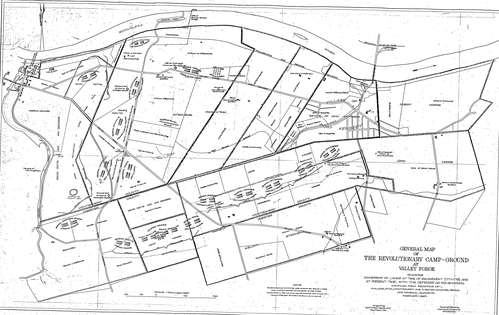 General Map of the Revolutionary Campground at Valley Forge, showing ownership of lands at the time of Encampment (1777-1778) and at present time, with the degences as far as shown.  Compiled from the records of Philadelphia, Montgomery, and Chester Counti