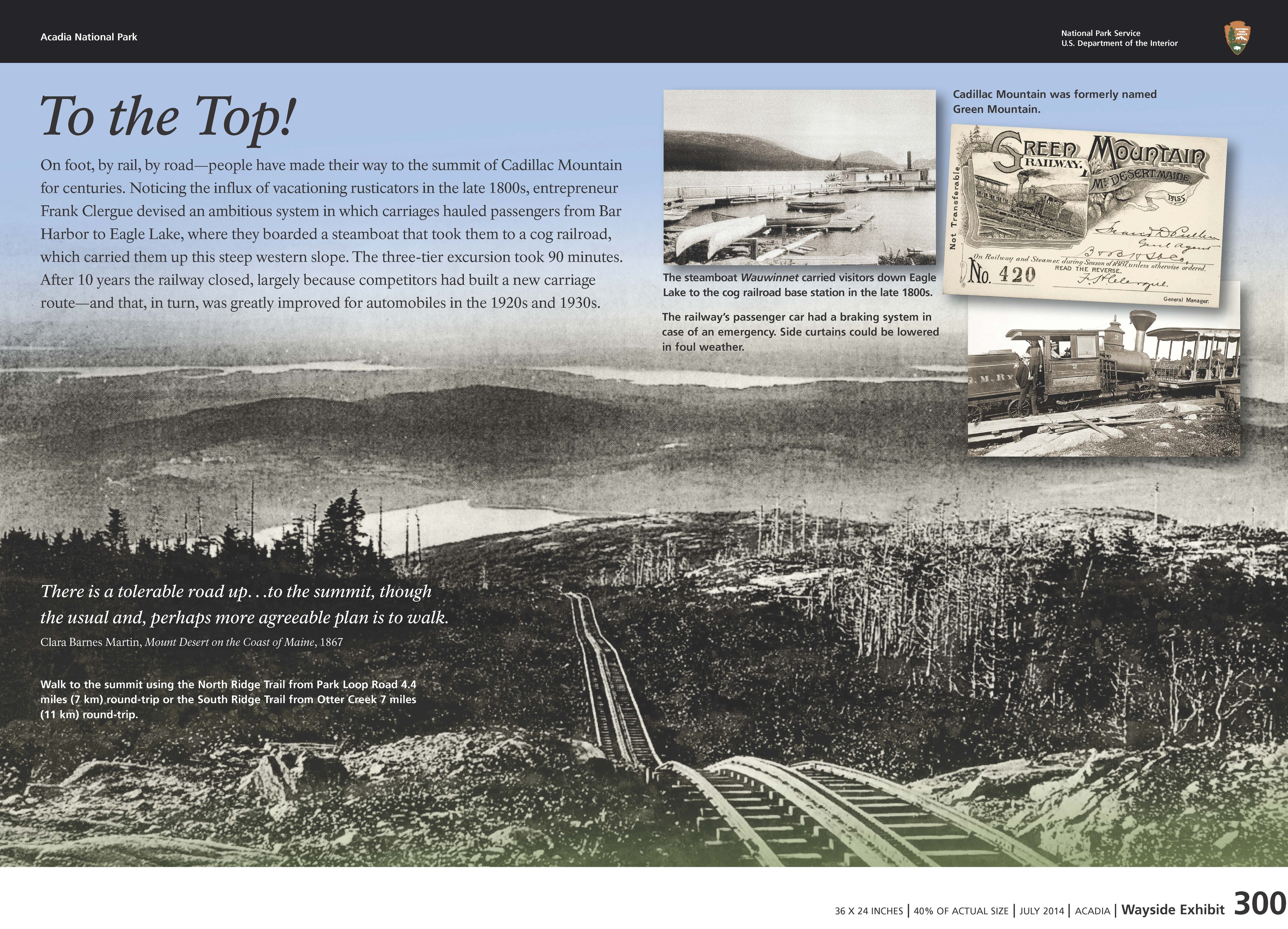 Title: To the Top! in bold; background image of historic railway tracks headed down a mountain; a series of smaller historic images shows a lake ferry and cog railway car and ticket.