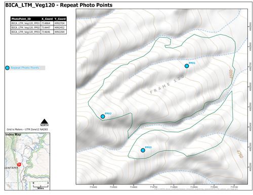 Map of repeat photo point locations for one of fifteen areas where long-term monitoring of sage-steppe vegetation occurs starting in 2011 in Bighorn Canyon National Recreation Area.