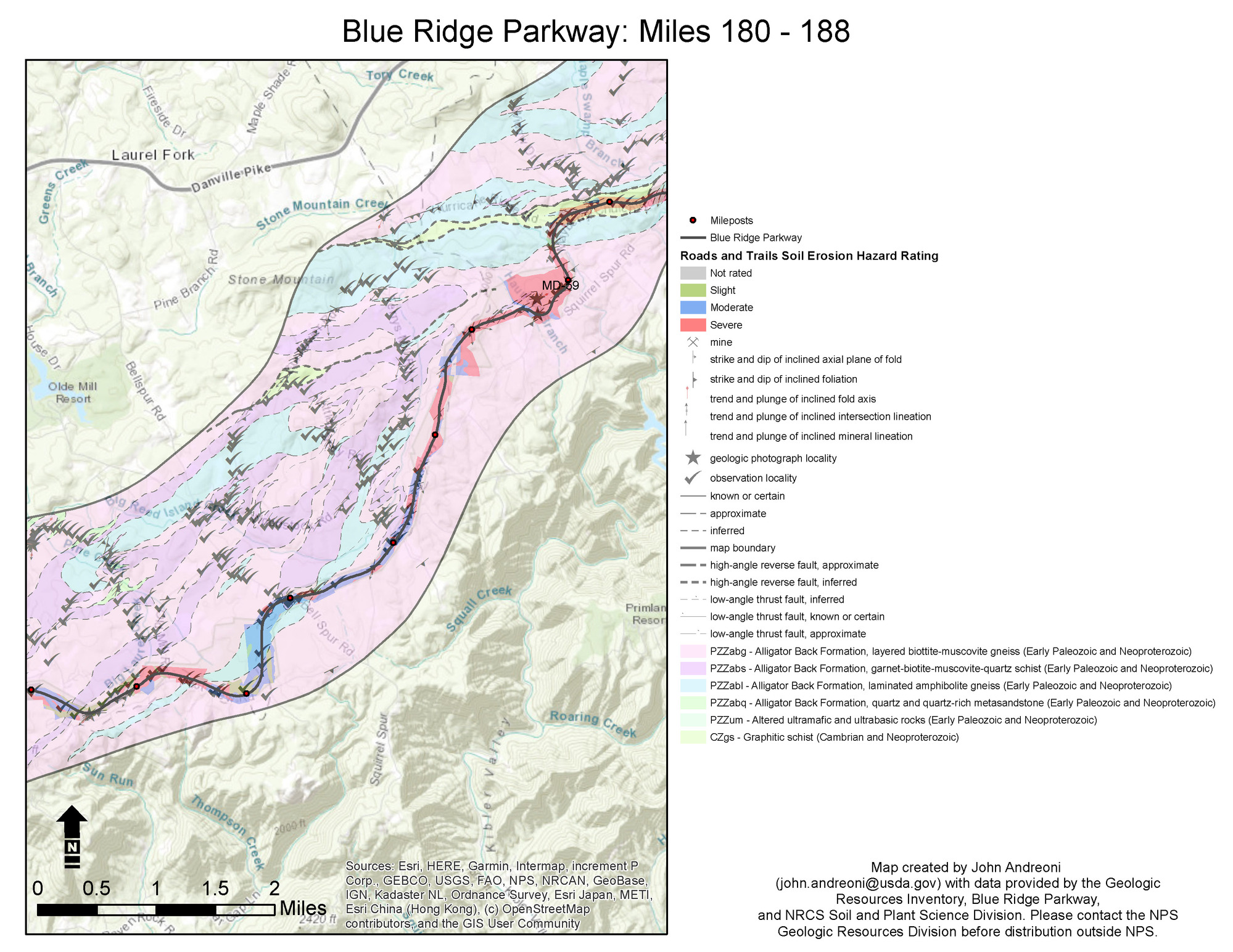 Information featured includes mileposts, mines, strike and dip of inclined axial plane of fold and of inclined foliation, trend and plunge of included fold axis and of inclined intersection lineation, trend and plunge of include mineral lineation, geologic photograph locality, observation locality, geologic contacts, fault lines, and geologic map units PZZabg-Alligator Back Formation, layered biotite-muscovite gneiss (EarlyPaleozoic and Neoproterozoic), PZZabs-Alligator Back Formation, garnet-biotite-muscovite-quartz schist (EarlyPaleozoic and Neoproterozoic), PZZabl-Alligator Back Formation, laminated amphibolite gneiss (EarlyPaleozoic and Neoproterozoic), PZZabq-Alligator Back Formation, quartz and quartz-rich metasandstone (EarlyPaleozoic and Neoproterozoic), PZZum- altered ultramafic and ultrabasic rocks (Early Paleozoic and Neoproterozoic), and CZgs-Graphitic schist (Cambrian and Neoproterozoic). Roads and trails soil erosion hazard ratings range from not rated, slight, moderate, to severe. 