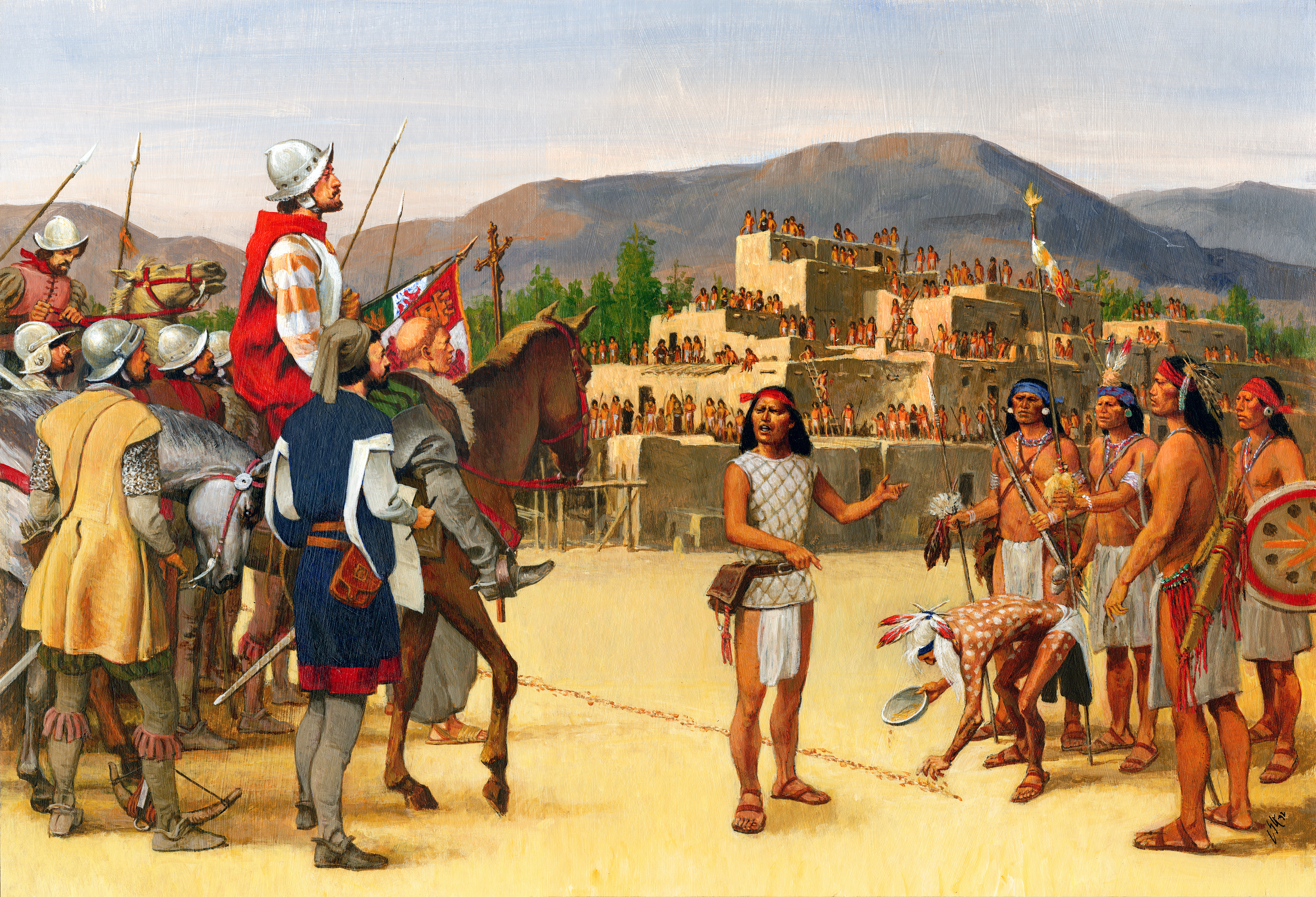 Advance party of Coronado's men, including an interpreter, friar, and men on foot and horseback arriving at the Zuni Pueblo of Hawikuh.