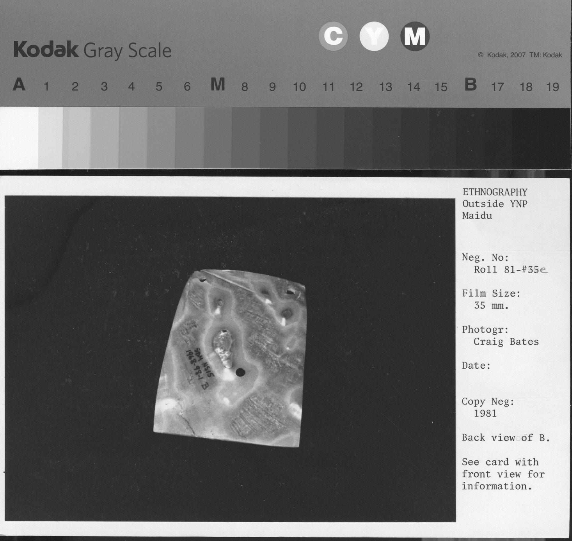 Copy Neg: 1981. Back view of B. See card with front view for information.